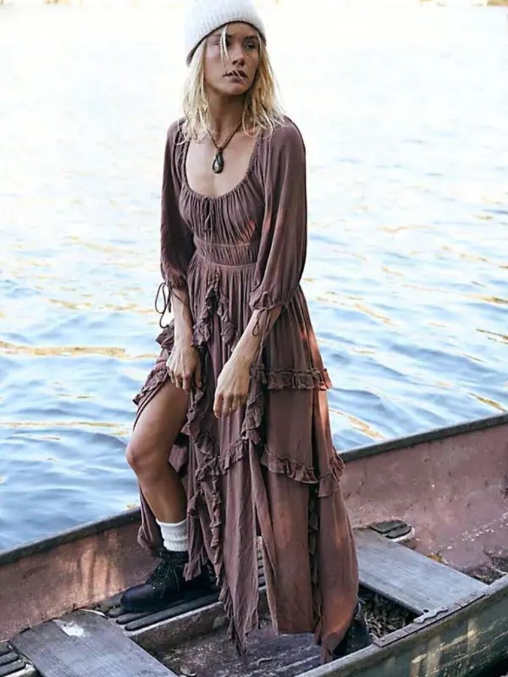 Free People In Your Dreams Maxi Dress M Raw Umber Brown Bohemian Pirate Western